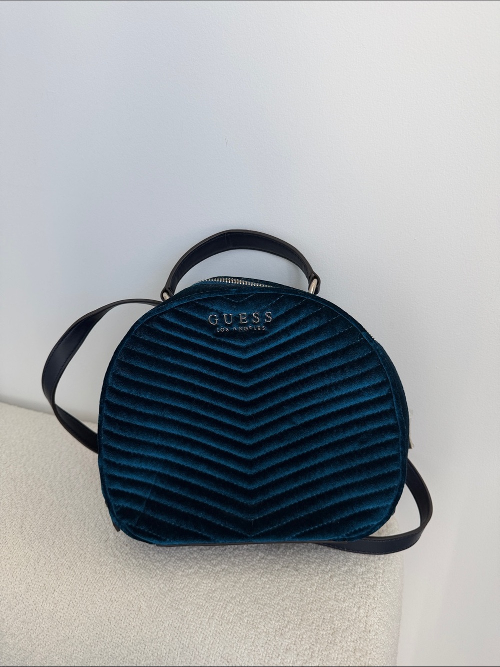 Guess Teal Chevron Velvet Dome Crossbody with Top Handle